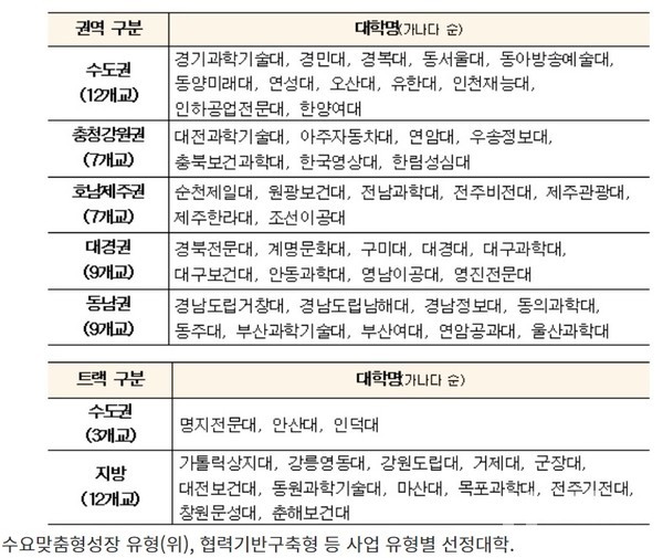 수요맞춤형성장 유형(위), 협력기반구축형 등 사업 유형별 선정대학.